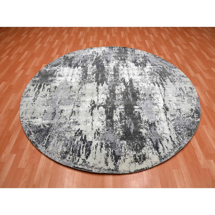 8'2" x 8'2" New Hand Knotted Grey Wool & Silk Round Oriental Rug - MOA10275087