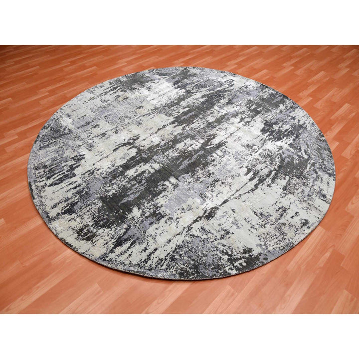 8'2" x 8'2" New Hand Knotted Grey Wool & Silk Round Oriental Rug - MOA10275087