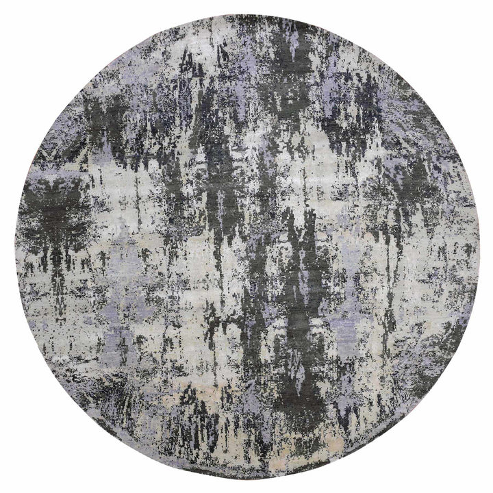 10'0" x 10'0" New Hand Knotted Grey Wool & Silk Round Oriental Rug - MOA10275088