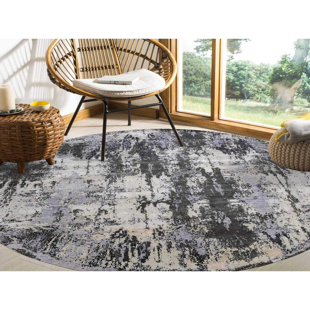 10'0" x 10'0" New Hand Knotted Grey Wool & Silk Round Oriental Rug - MOA10275088