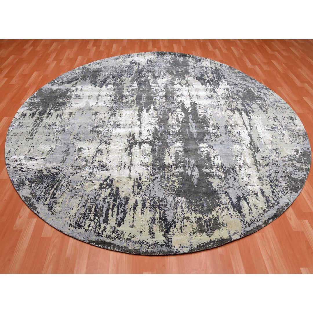 10'0" x 10'0" New Hand Knotted Grey Wool & Silk Round Oriental Rug - MOA10275088