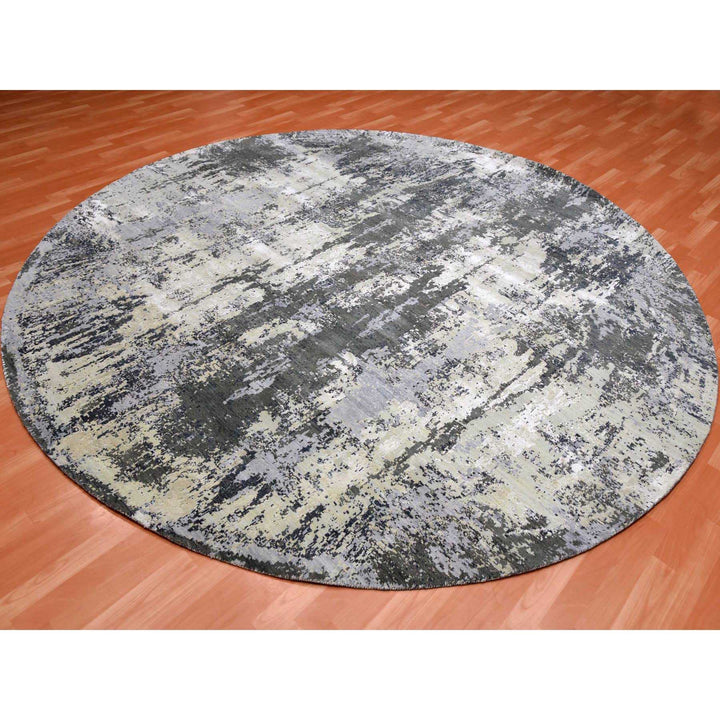 10'0" x 10'0" New Hand Knotted Grey Wool & Silk Round Oriental Rug - MOA10275088