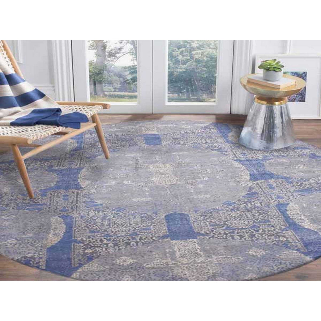 10'0" x 10'1" New Hand Knotted Blue Wool & Pure Silk Round Oriental Rug - MOA10275089