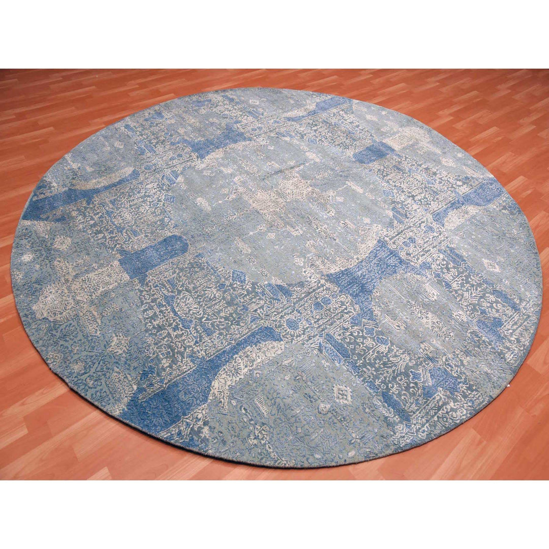 10'0" x 10'1" New Hand Knotted Blue Wool & Pure Silk Round Oriental Rug - MOA10275089