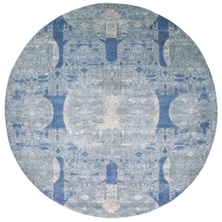 12'0" x 12'1" New Hand Knotted Blue Wool & Pure Silk Round Oriental Rug - MOA10275090