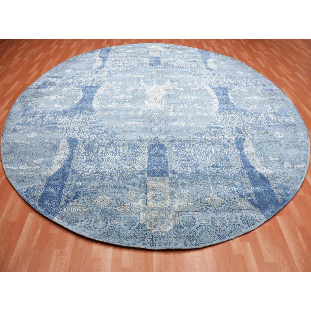 12'0" x 12'1" New Hand Knotted Blue Wool & Pure Silk Round Oriental Rug - MOA10275090