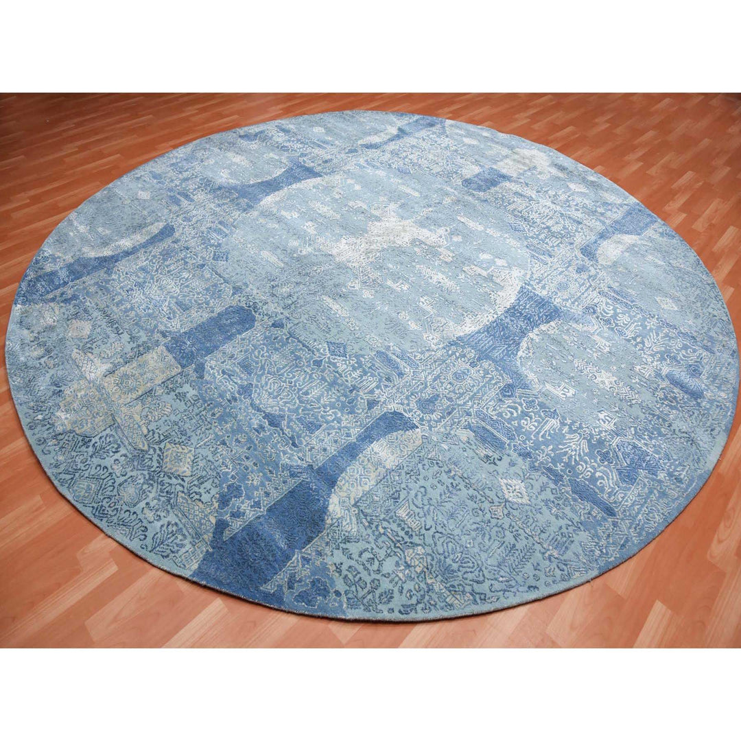 12'0" x 12'1" New Hand Knotted Blue Wool & Pure Silk Round Oriental Rug - MOA10275090