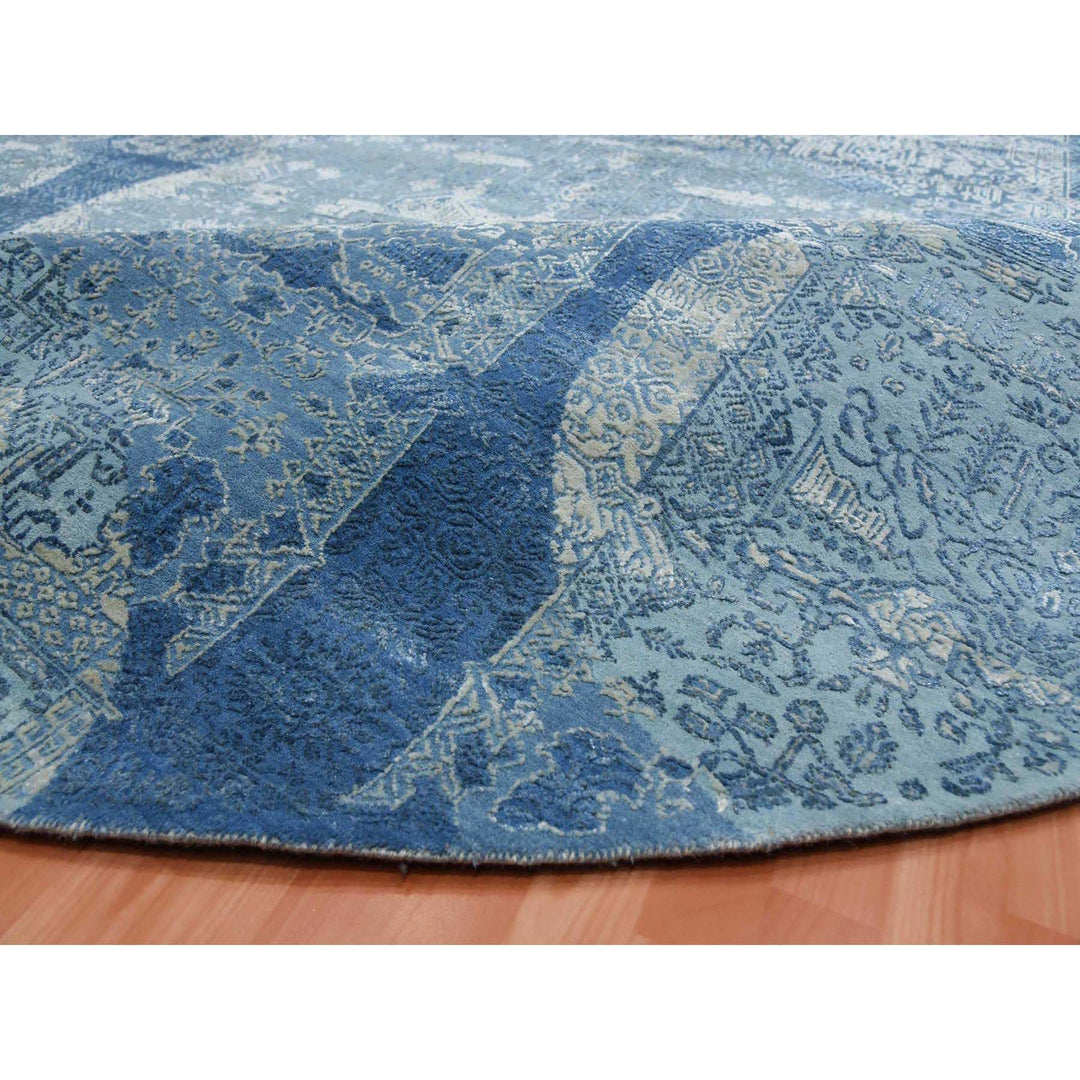 12'0" x 12'1" New Hand Knotted Blue Wool & Pure Silk Round Oriental Rug - MOA10275090