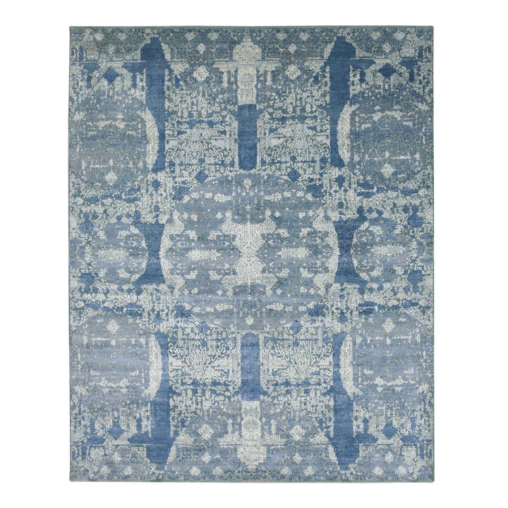 7'10" x 10'0" New Hand Knotted Blue Wool & Pure Silk Rectangle Oriental Rug - MOA10275092