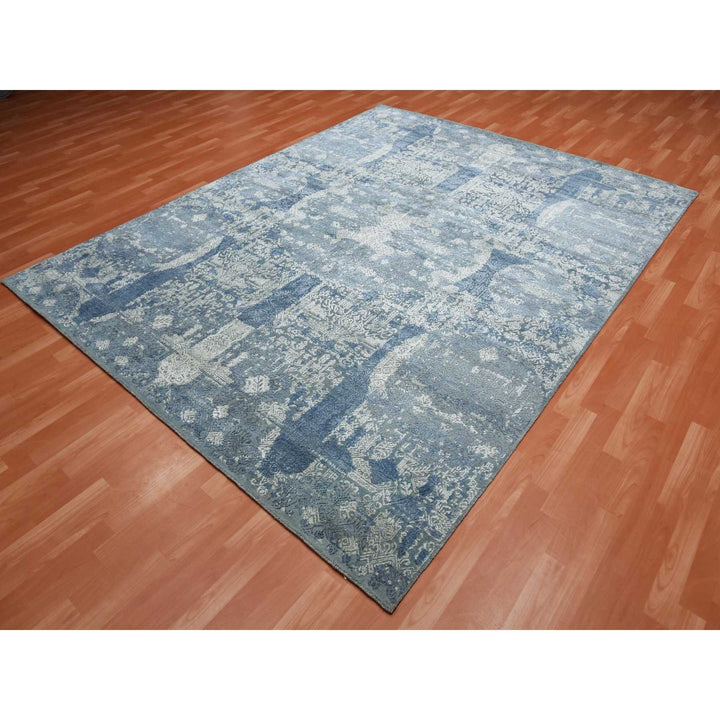 7'10" x 10'0" New Hand Knotted Blue Wool & Pure Silk Rectangle Oriental Rug - MOA10275092