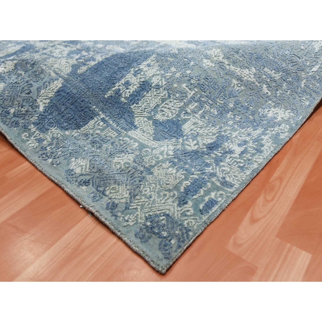 7'10" x 10'0" New Hand Knotted Blue Wool & Pure Silk Rectangle Oriental Rug - MOA10275092