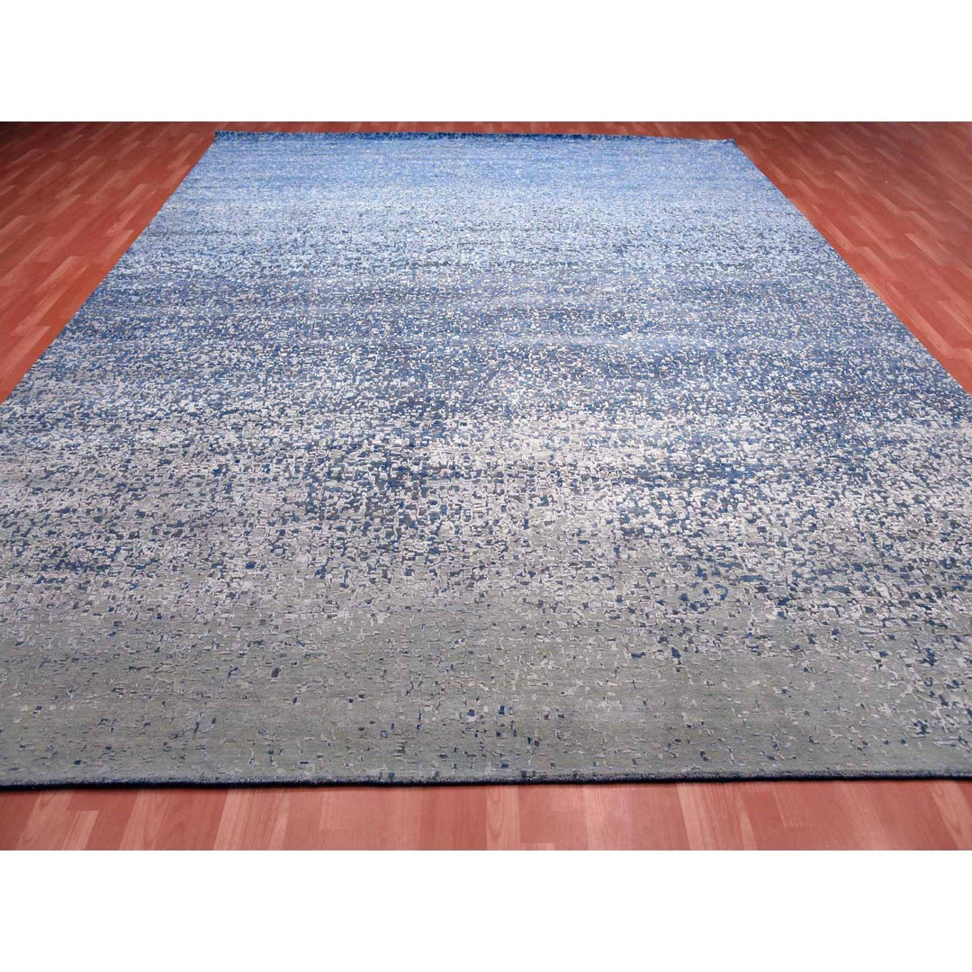 12'0" x 15'0" New Hand Knotted Blue Wool & Pure Silk Rectangle Oriental Rug - MOA10275101