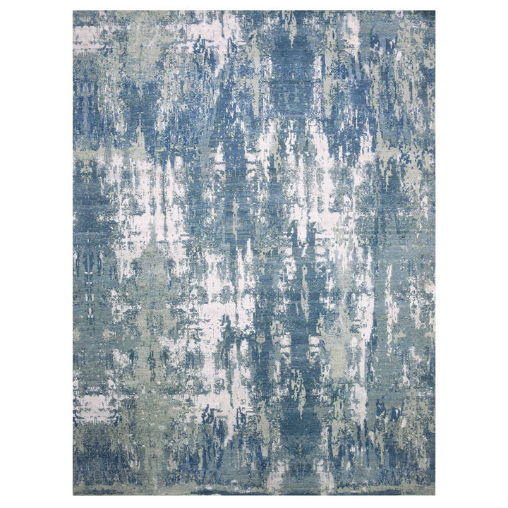 12'2" x 15'1" New Hand Knotted Blue Wool & Pure Silk Rectangle Oriental Rug - MOA10275102