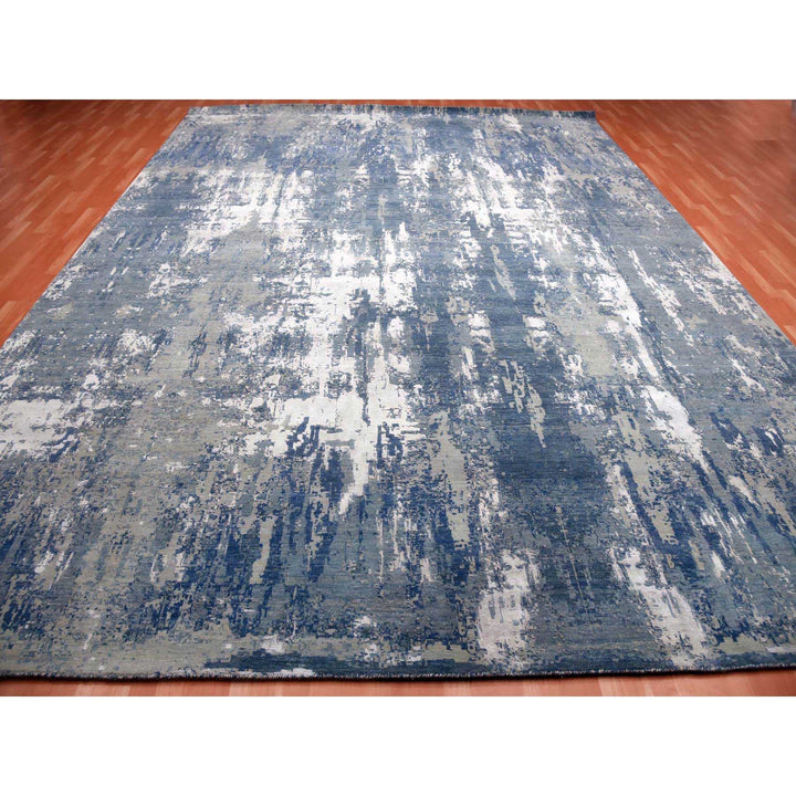 12'2" x 15'1" New Hand Knotted Blue Wool & Pure Silk Rectangle Oriental Rug - MOA10275102