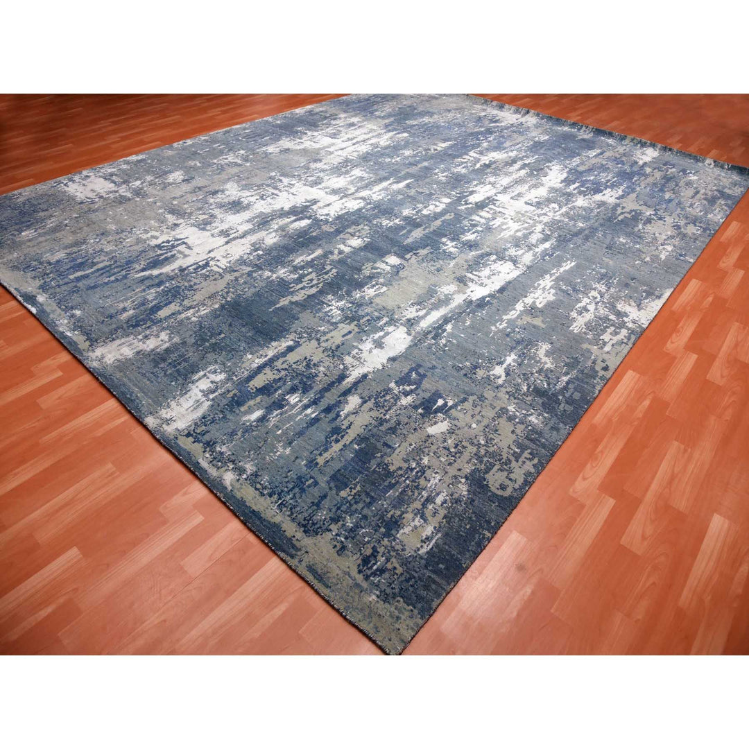 12'2" x 15'1" New Hand Knotted Blue Wool & Pure Silk Rectangle Oriental Rug - MOA10275102