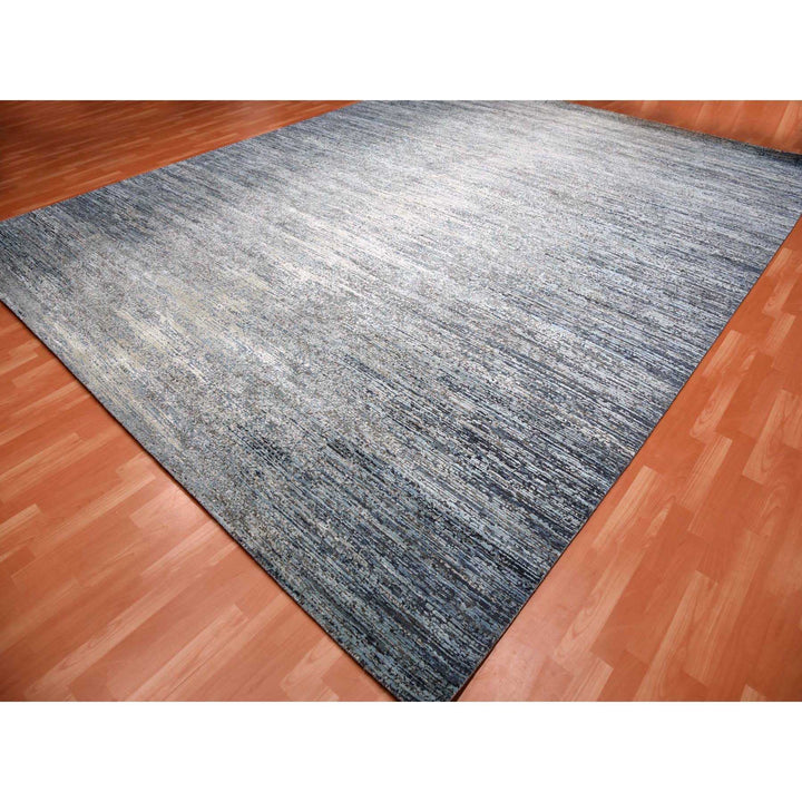 12'0" x 15'0" New Hand Knotted Blue Wool & Pure Silk Rectangle Oriental Rug - MOA10275103