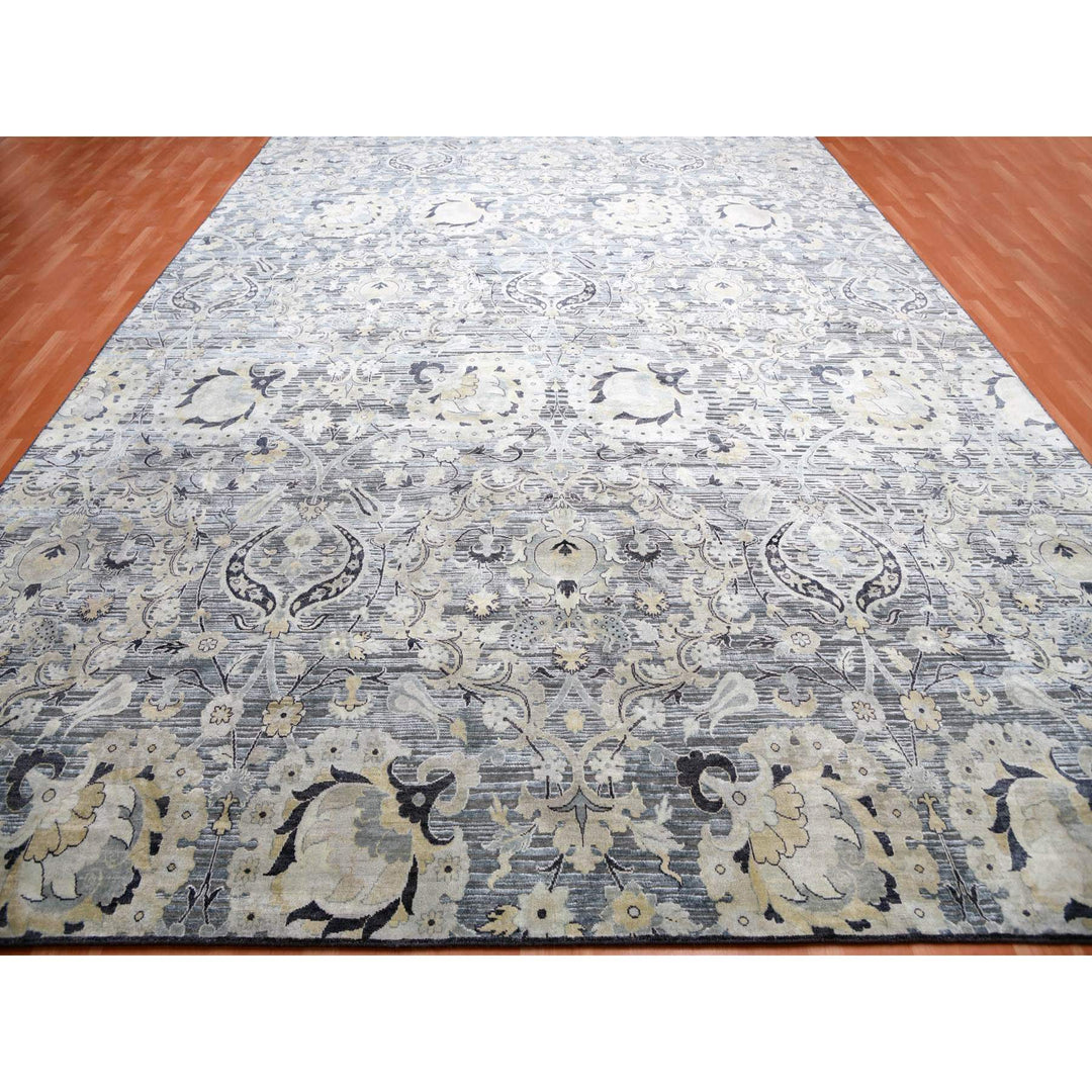 12'2" x 15'4" New Hand Knotted Grey Wool & Sari Silk Rectangle Oriental Rug - MOA10275117