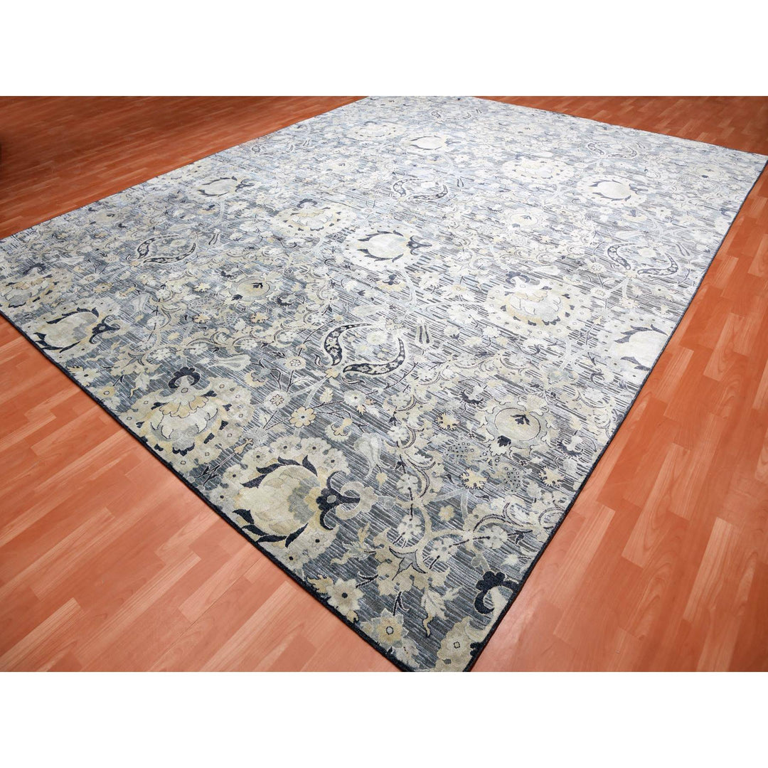 12'2" x 15'4" New Hand Knotted Grey Wool & Sari Silk Rectangle Oriental Rug - MOA10275117