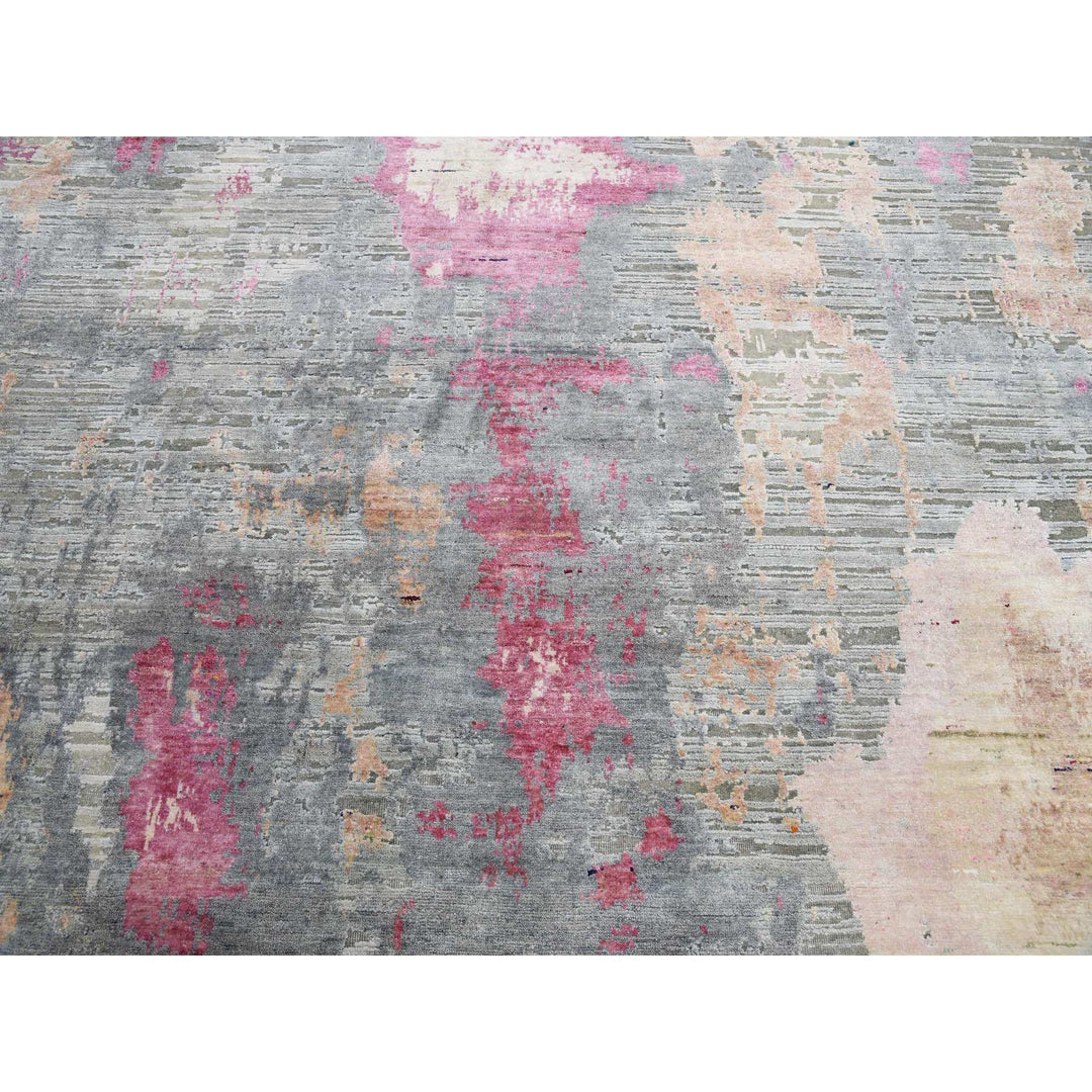 9'0" x 12'1" New Hand Knotted Pink Wool & Silk Rectangle Oriental Rug - MOA10275176