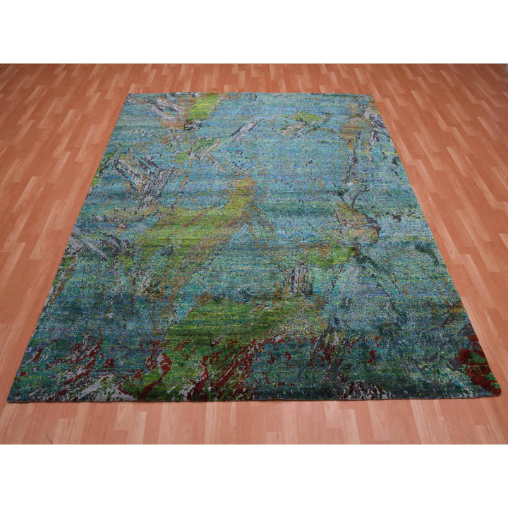 8'0" x 9'10" New Hand Knotted Green Wool & Silk Rectangle Oriental Rug - MOA10275177