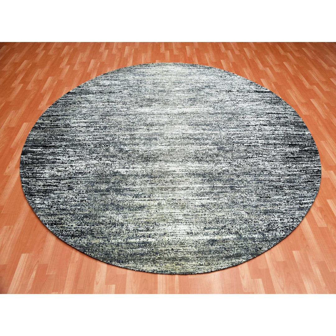 10'0" x 10'0" New Hand Knotted Black Wool & Silk Round Oriental Rug - MOA10275286