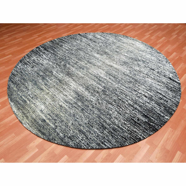 10'0" x 10'0" New Hand Knotted Black Wool & Silk Round Oriental Rug - MOA10275286