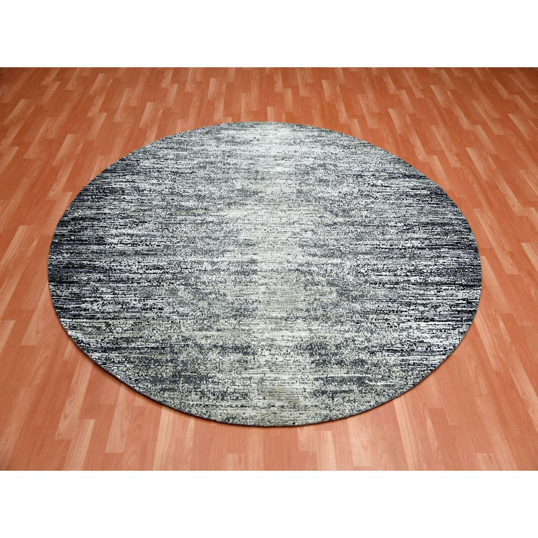 8'0" x 8'0" New Hand Knotted Black Wool & Silk Round Oriental Rug - MOA10275287