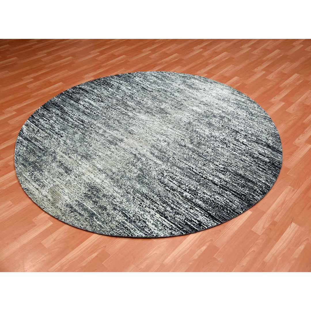 8'0" x 8'0" New Hand Knotted Black Wool & Silk Round Oriental Rug - MOA10275287