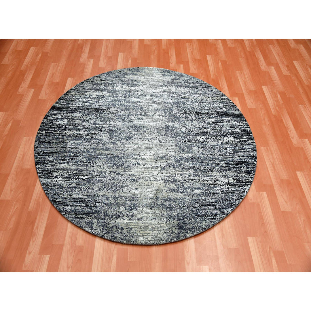 6'0" x 6'0" New Hand Knotted Black Wool & Silk Round Oriental Rug - MOA10275288