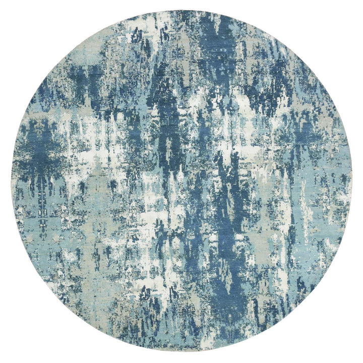 9'0" x 9'0" New Hand Knotted Blue Wool & Silk Round Oriental Rug - MOA10275293