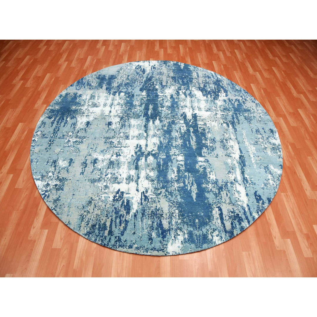 9'0" x 9'0" New Hand Knotted Blue Wool & Silk Round Oriental Rug - MOA10275293