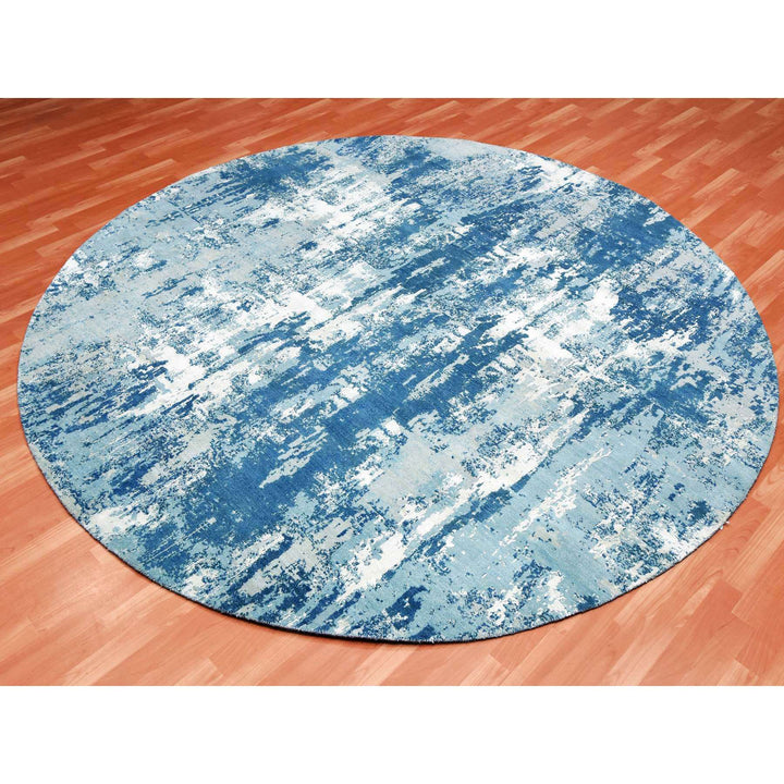 9'0" x 9'0" New Hand Knotted Blue Wool & Silk Round Oriental Rug - MOA10275293