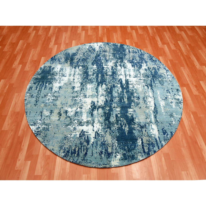 7'1" x 7'1" New Hand Knotted Blue Wool & Silk Round Oriental Rug - MOA10275294