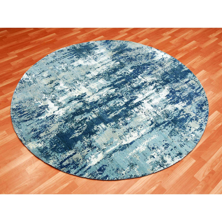 7'1" x 7'1" New Hand Knotted Blue Wool & Silk Round Oriental Rug - MOA10275294