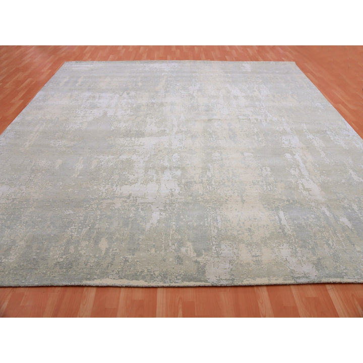 12'0" x 12'3" New Hand Knotted Grey Wool & Silk Square Oriental Rug - MOA10275332