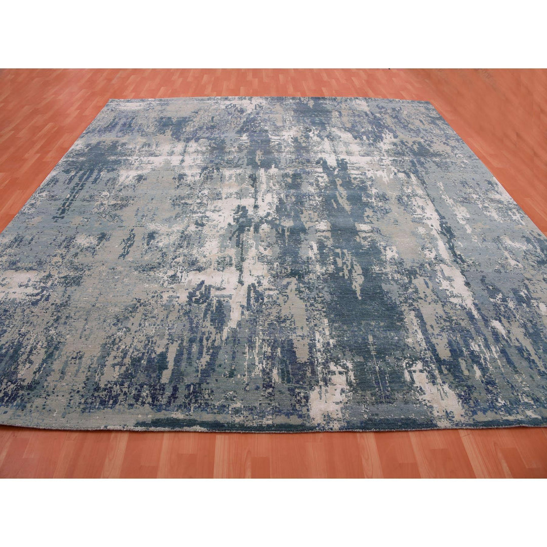 11'11" x 12'0" New Hand Knotted Blue Wool & Silk Square Oriental Rug - MOA10275333