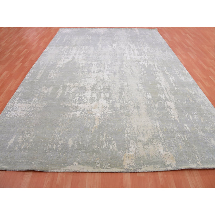 10'0" x 14'1" New Hand Knotted Grey Wool & Silk Rectangle Oriental Rug - MOA10275334