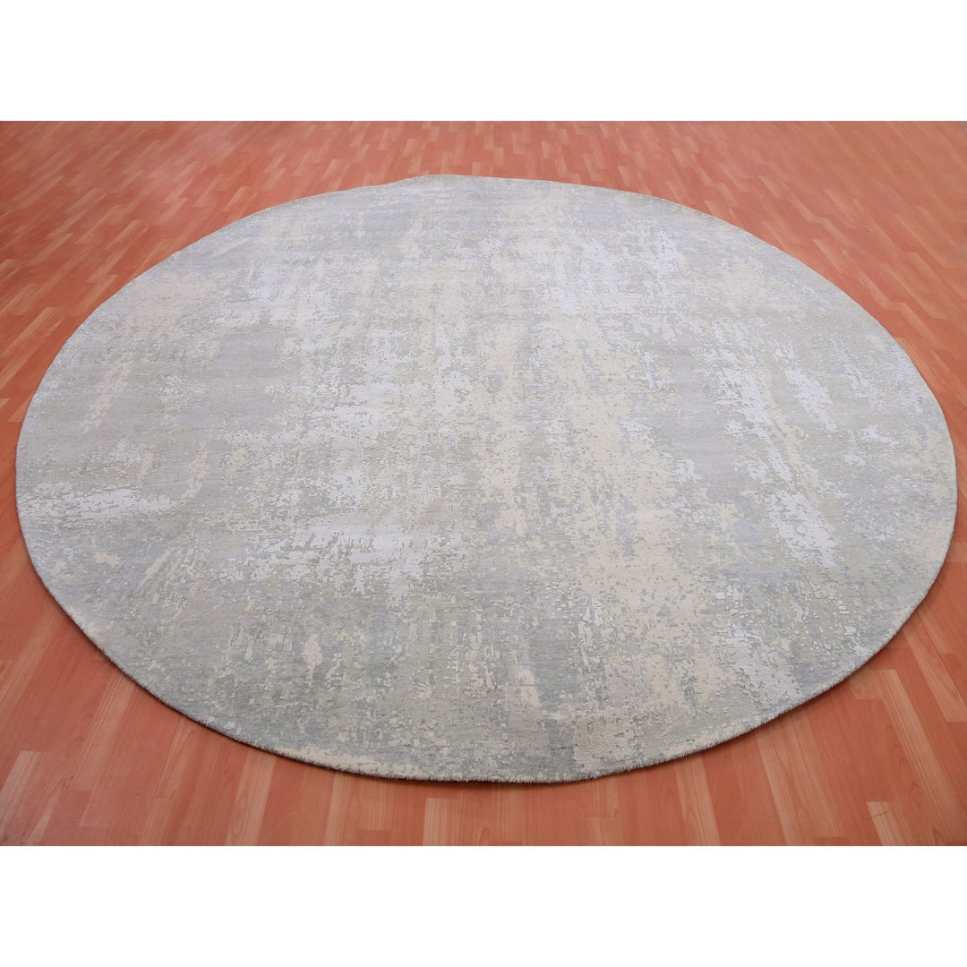 11'11" x 12'0" New Hand Knotted Grey Wool & Silk Round Oriental Rug - MOA10275336