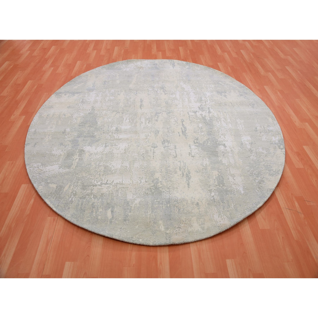 8'2" x 8'2" New Hand Knotted Grey Wool & Silk Round Oriental Rug - MOA10275345