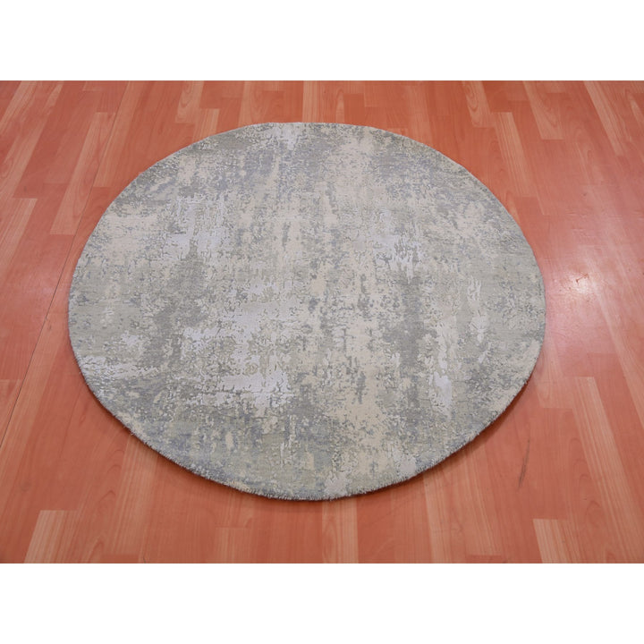 4'0" x 4'0" New Hand Knotted Grey Wool & Silk Round Oriental Rug - MOA10275349