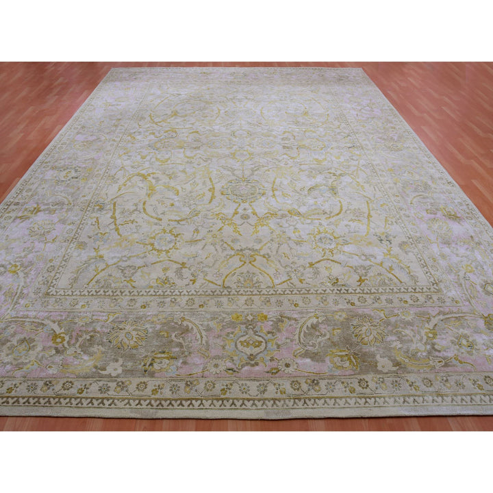 12'0" x 15'7" New Hand Knotted Beige Wool & Silk Rectangle Oriental Rug - MOA10275430