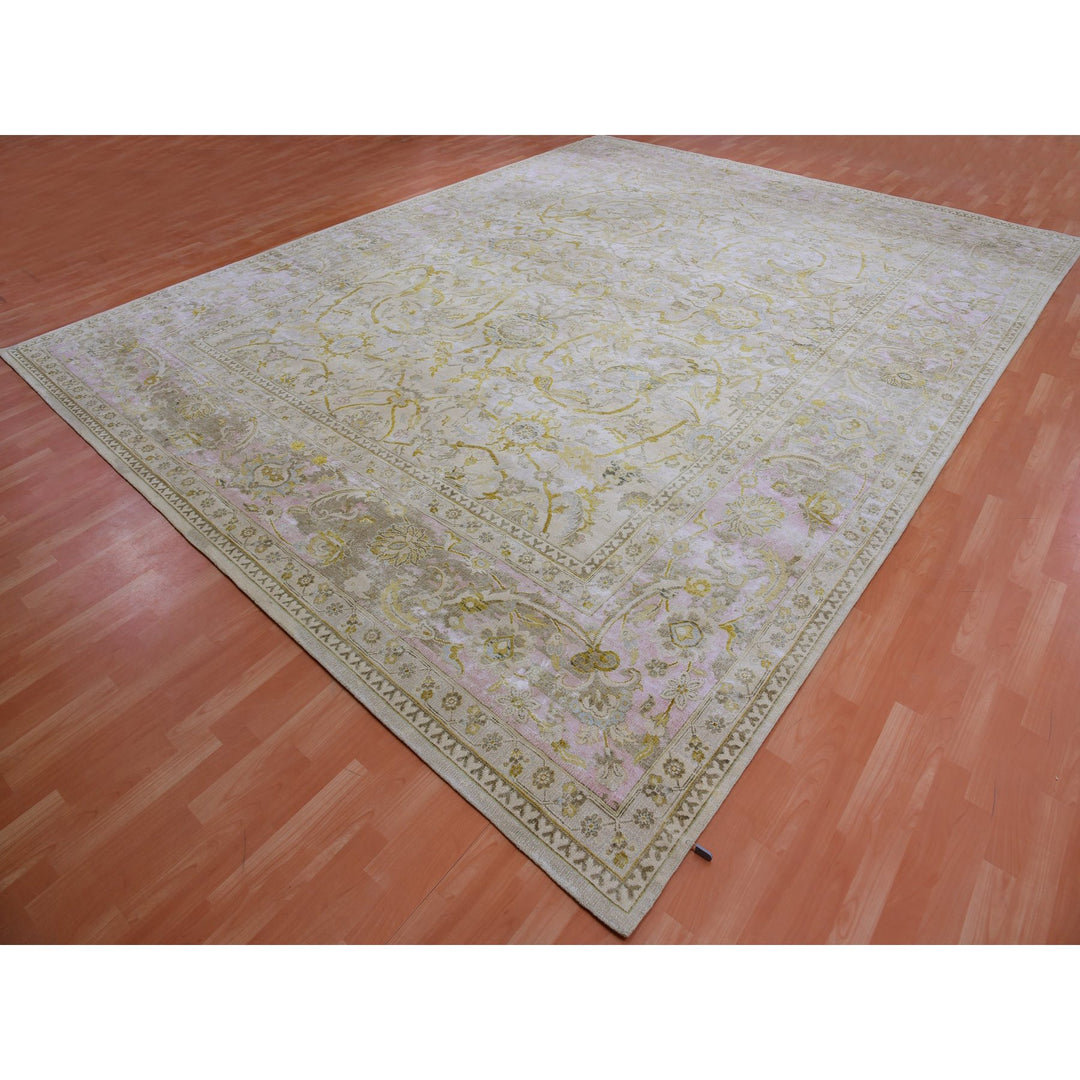 12'0" x 15'7" New Hand Knotted Beige Wool & Silk Rectangle Oriental Rug - MOA10275430