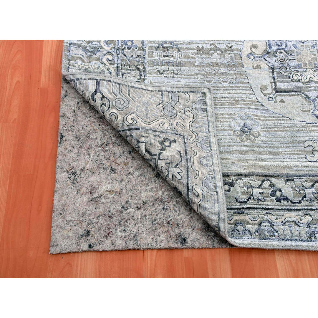 6'0" x 9'6" New Hand Knotted Grey Wool & Silk Rectangle Oriental Rug - MOA10275431