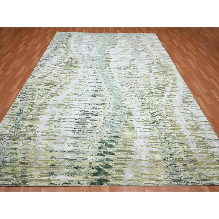 9'1" x 12'3" New Hand Knotted Green Silk Rectangle Oriental Rug - MOA10275475