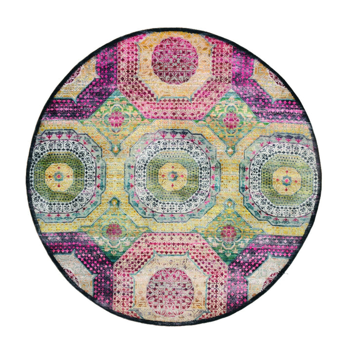 8'0" x 8'1" New Hand Knotted Yellow Wool & Silk Round Oriental Rug - MOA10275552