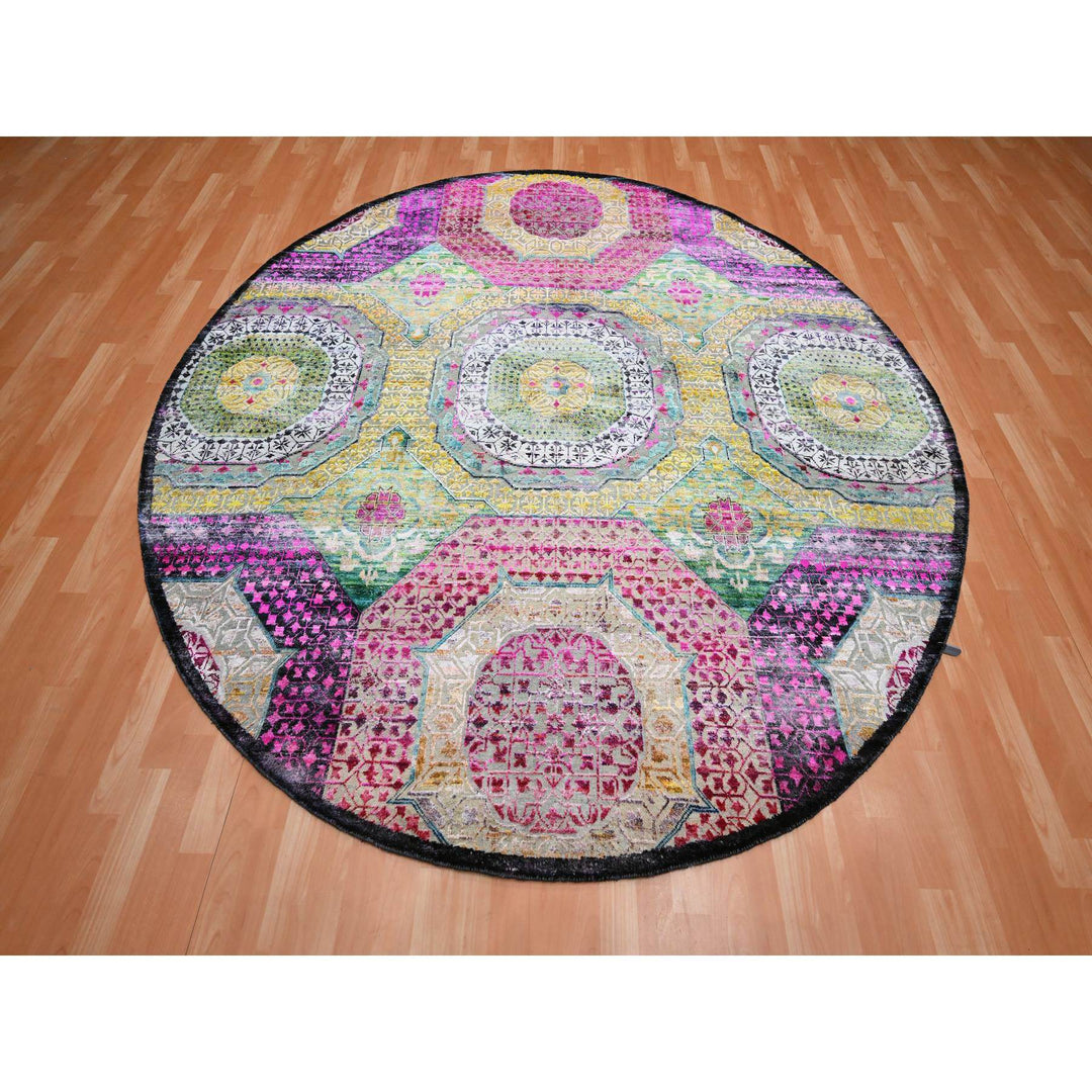 8'0" x 8'1" New Hand Knotted Yellow Wool & Silk Round Oriental Rug - MOA10275552