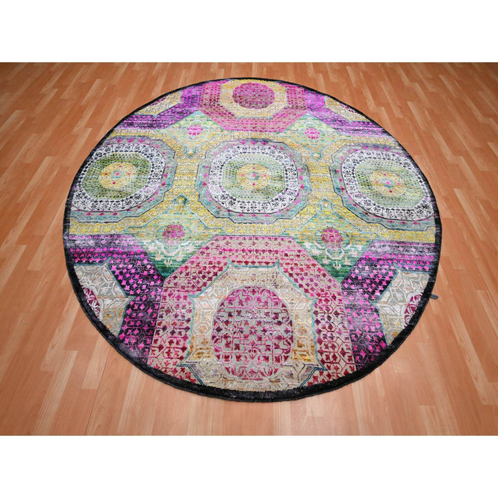 8'0" x 8'1" New Hand Knotted Yellow Wool & Silk Round Oriental Rug - MOA10275552