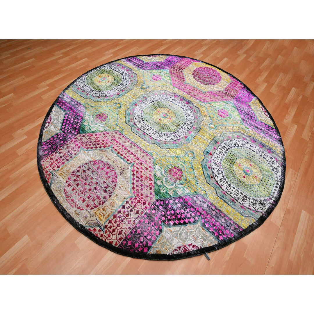 8'0" x 8'1" New Hand Knotted Yellow Wool & Silk Round Oriental Rug - MOA10275552