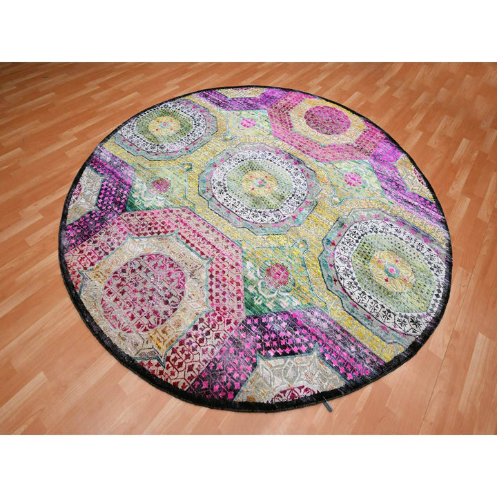 8'0" x 8'1" New Hand Knotted Yellow Wool & Silk Round Oriental Rug - MOA10275552