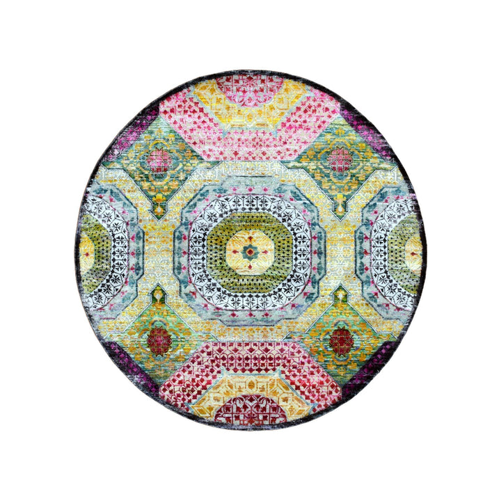 6'0" x 6'1" New Hand Knotted Yellow Wool & Silk Round Oriental Rug - MOA10275553